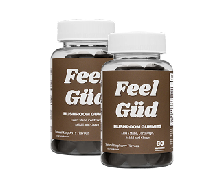 Two bottles of 'Feel Güd' mushroom gummies with brown labels.