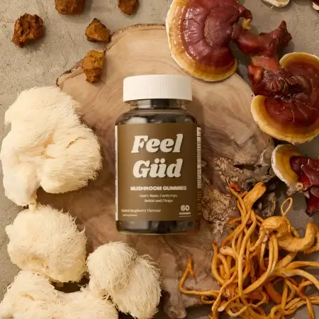 Bottle of mushroom gummies surrounded by assorted mushrooms on a wooden slab.