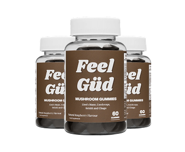 Three bottles of Feel Güd mushroom gummies with brown labels.