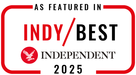 Badge reading 'As Featured in Indy/Best Independent 2025' with red and black text.