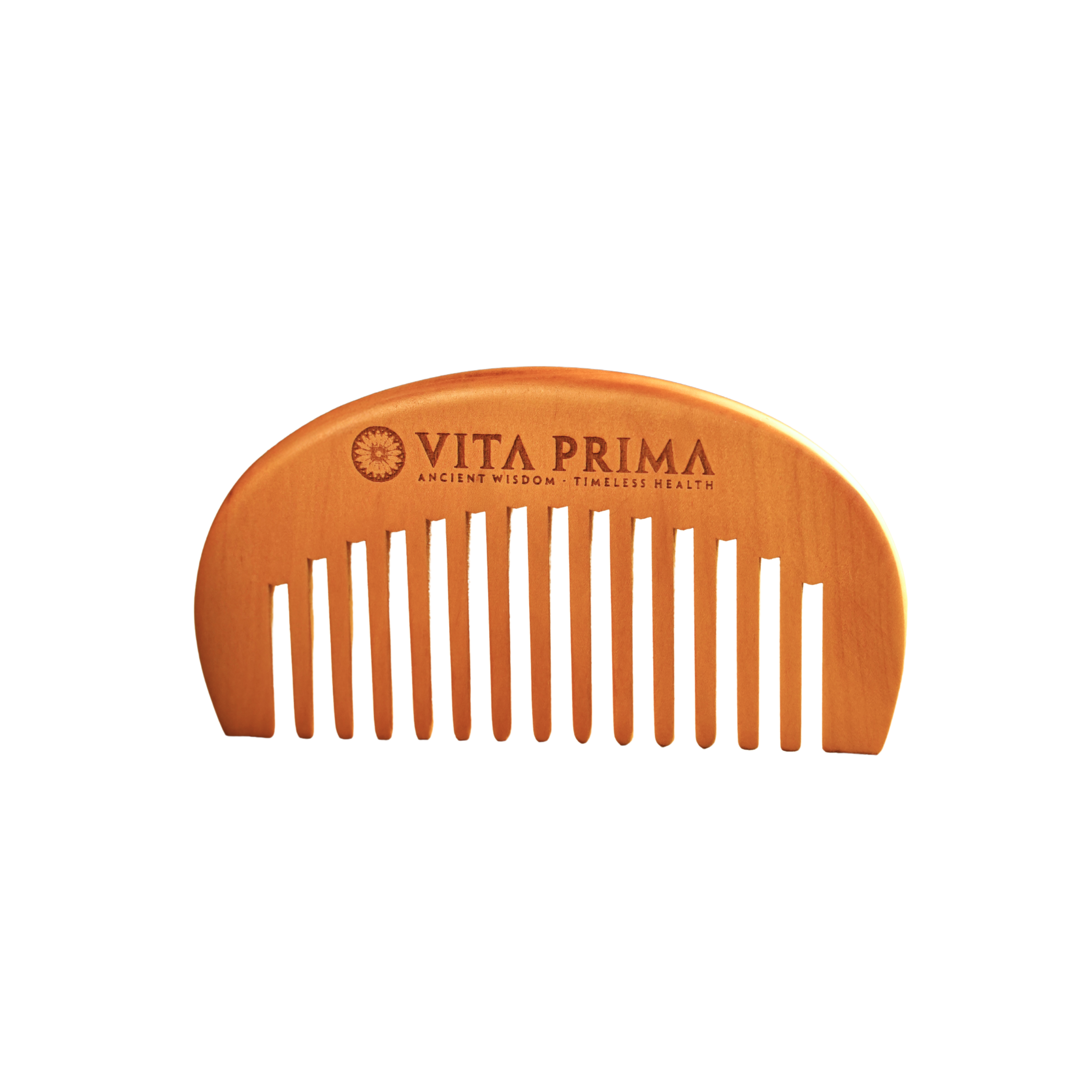A light brown, wooden Vita Prima comb with a rounded top, isolated on a white background.