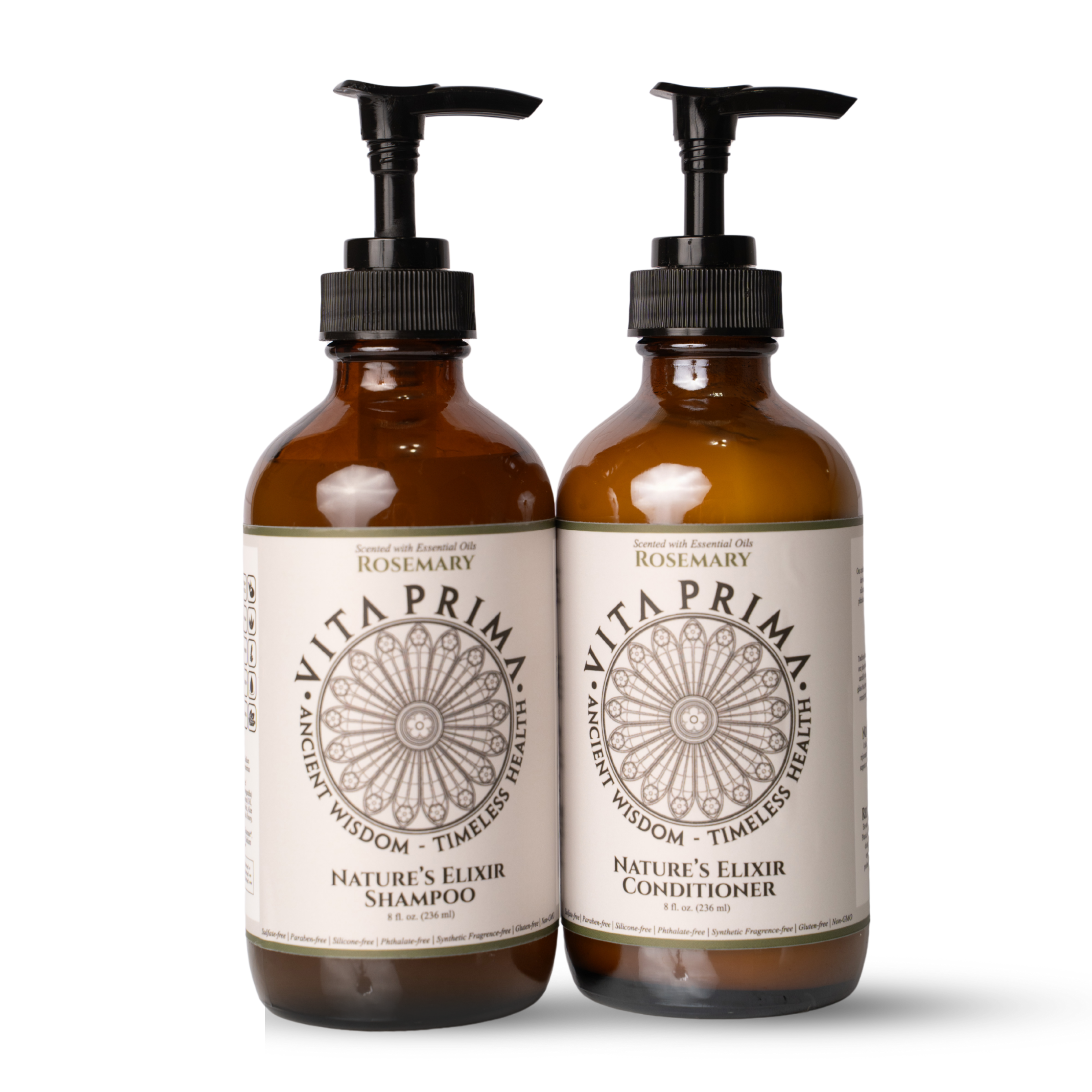 Two brown bottles of Vita Prima shampoo and conditioner with pump dispensers.