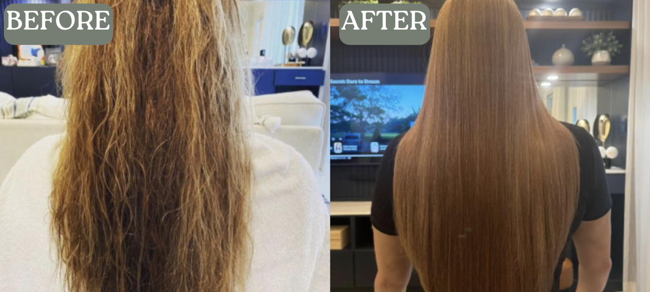 Before and after comparison of hair, from frizzy to smooth.
