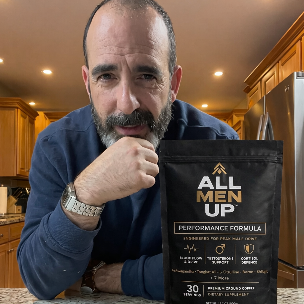 A man with a beard poses with a pouch of All Men Up Performance Formula coffee in a kitchen.