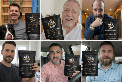 A photo collage showing six different men holding bags of All Men Up Performance Formula.