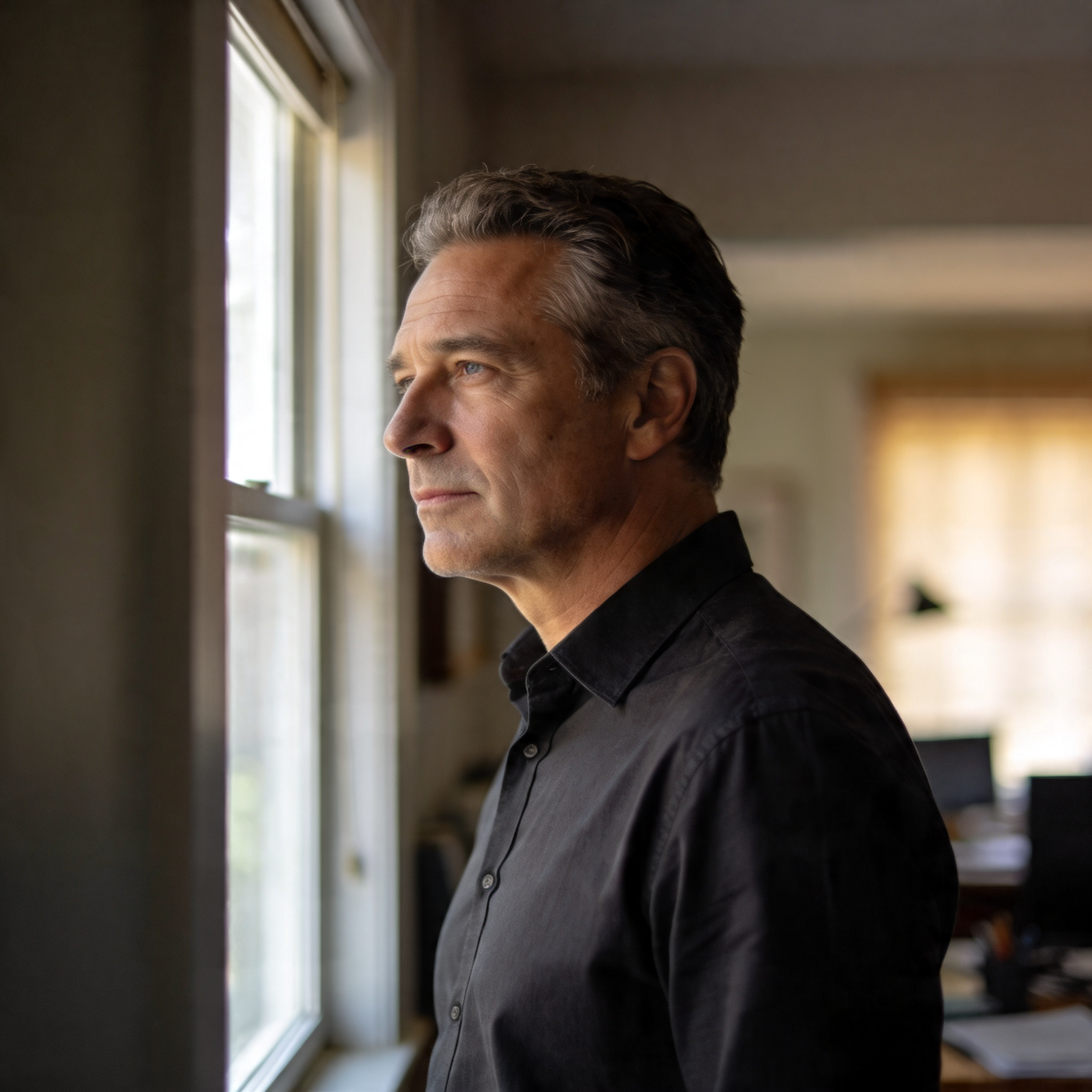 A middle-aged man with graying hair, wearing a dark shirt, looks out of a window.
