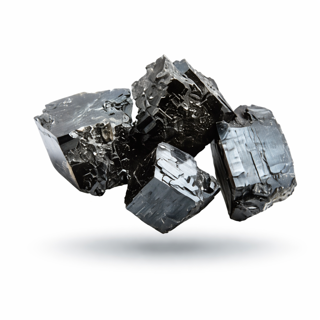 A cluster of shiny, black, crystalline stones floating against a white background with a soft shadow underneath.