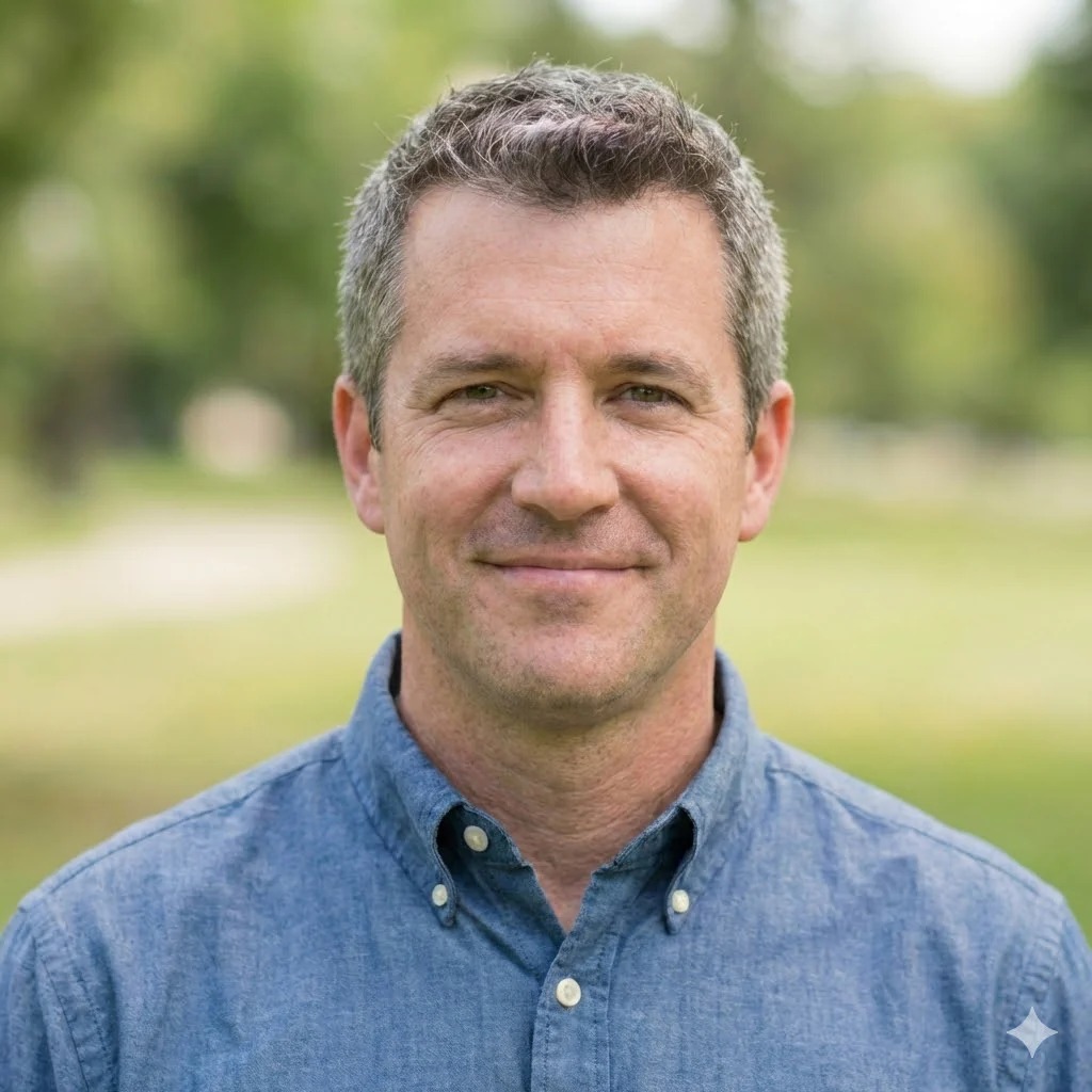 A middle-aged man with short graying hair in a blue button-down shirt, smiling outdoors.