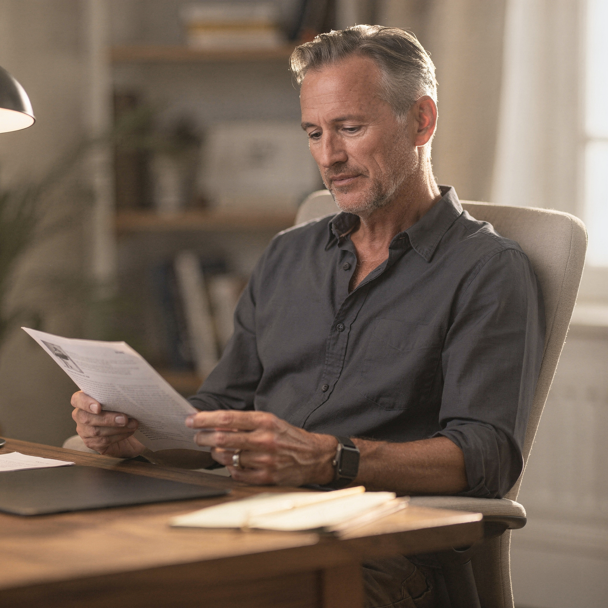 A middle-aged man with graying hair sits at a desk and reads a document.