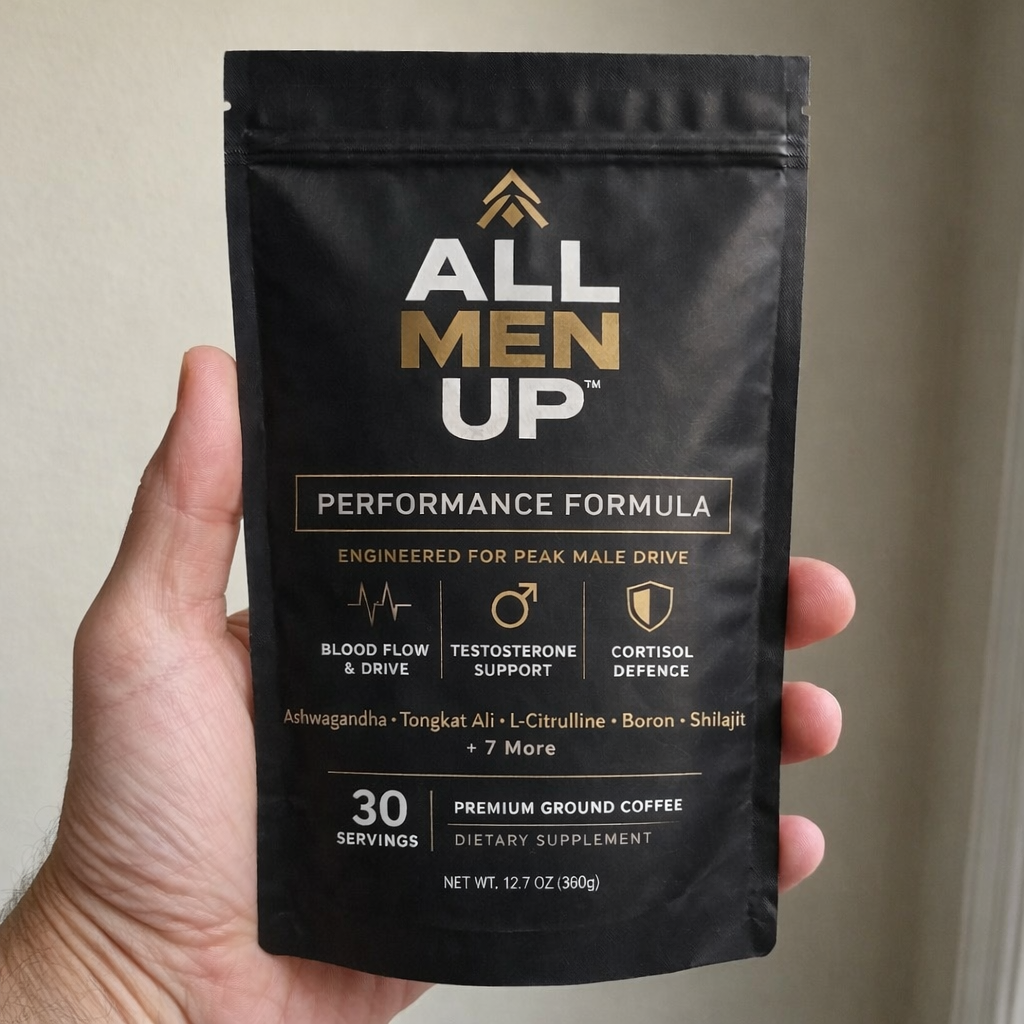 A hand holds a black pouch of All Men Up Performance Formula, a premium ground coffee dietary supplement.