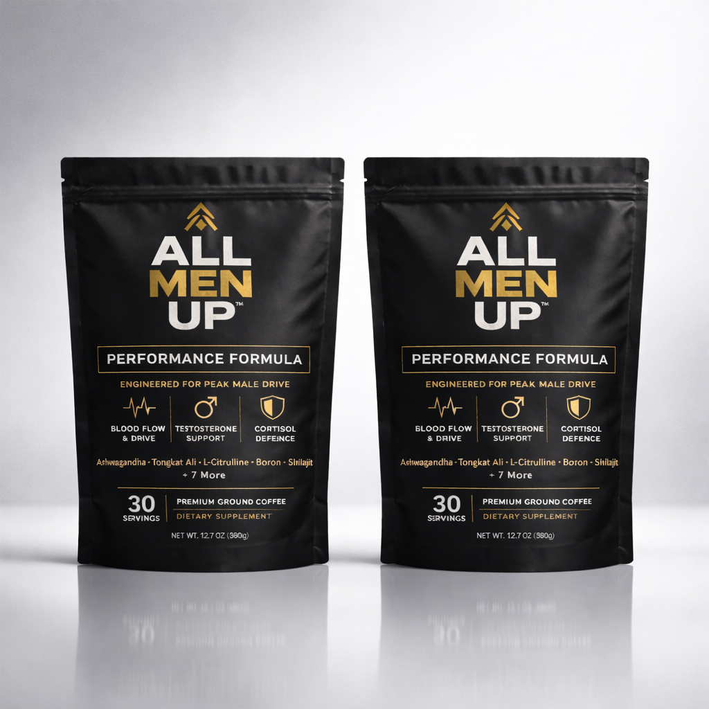 Two black pouches of All Men Up Performance Formula dietary supplement on a reflective white surface.