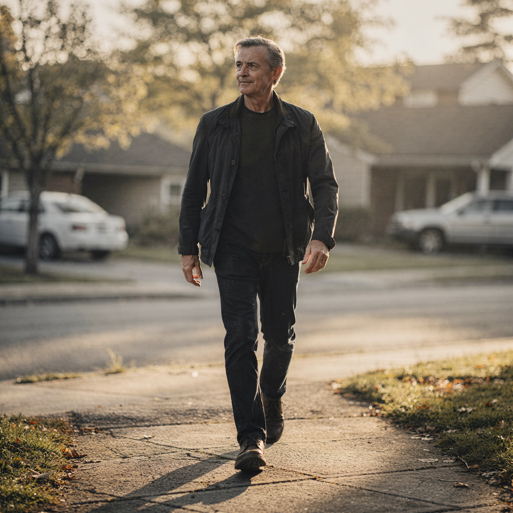 A man in a dark jacket walks down a sidewalk in a suburban neighborhood at sunset.