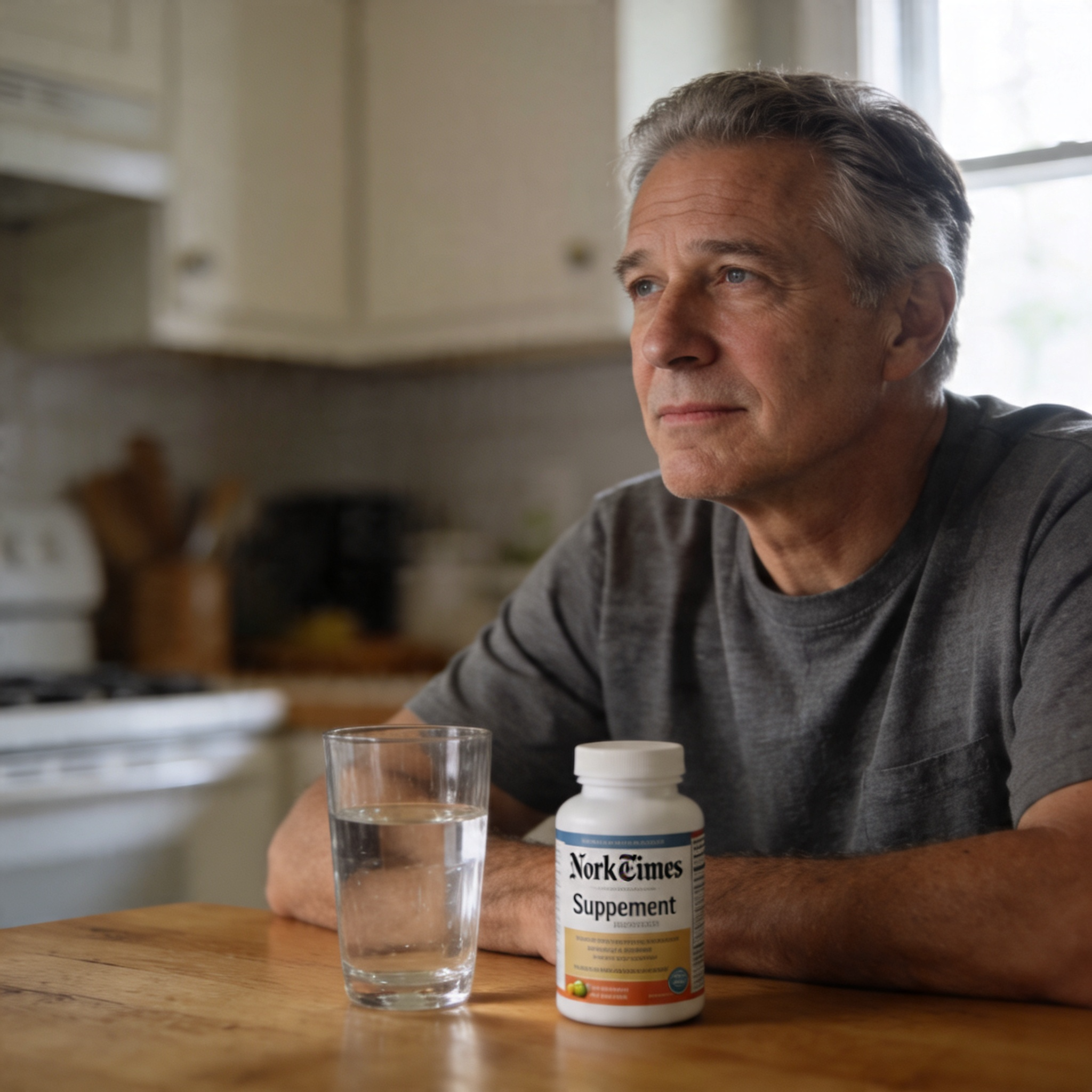 A pensive-looking older man sits at a table with a supplement bottle and a glass of water.