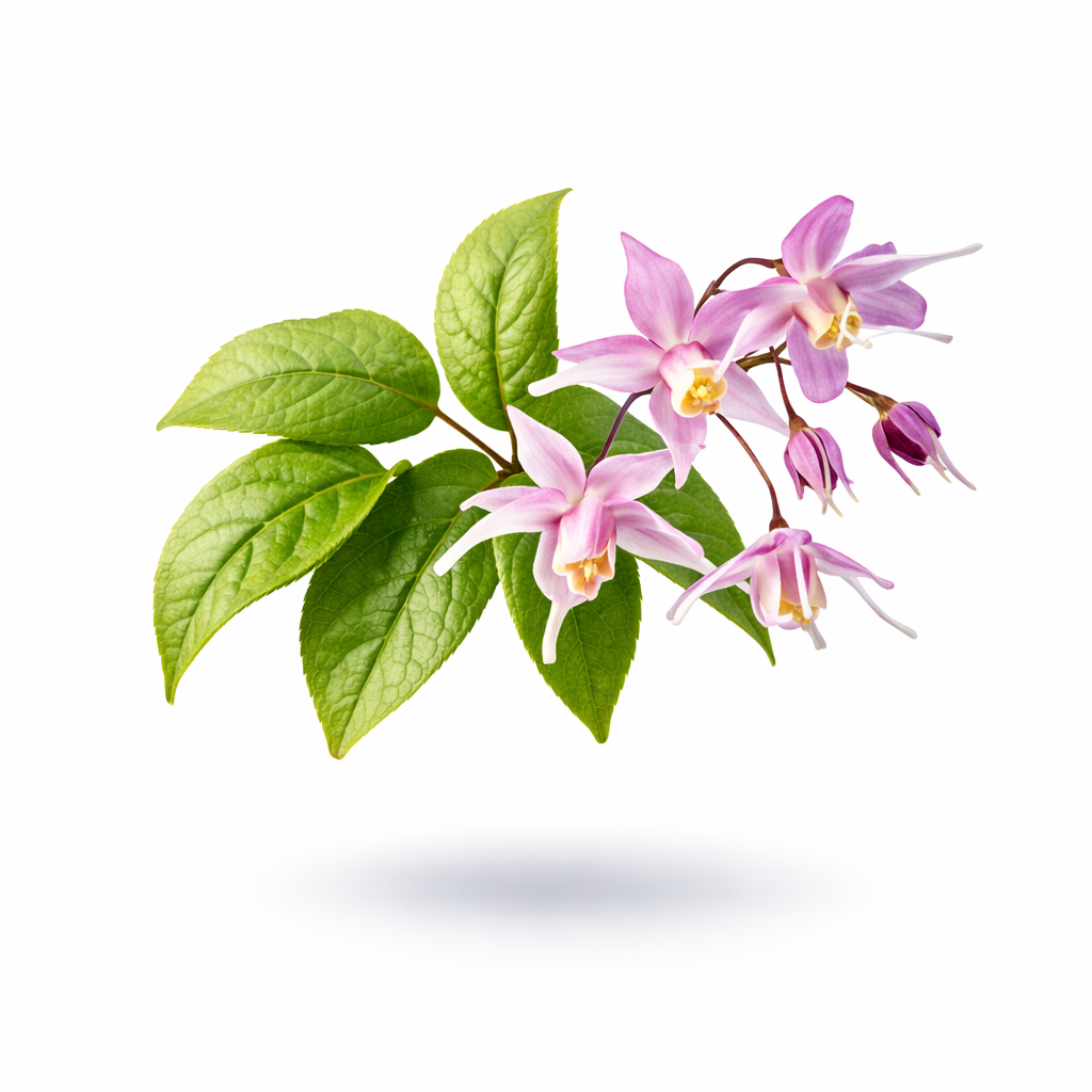 A sprig of pink and white flowers with green leaves floating against a white background.