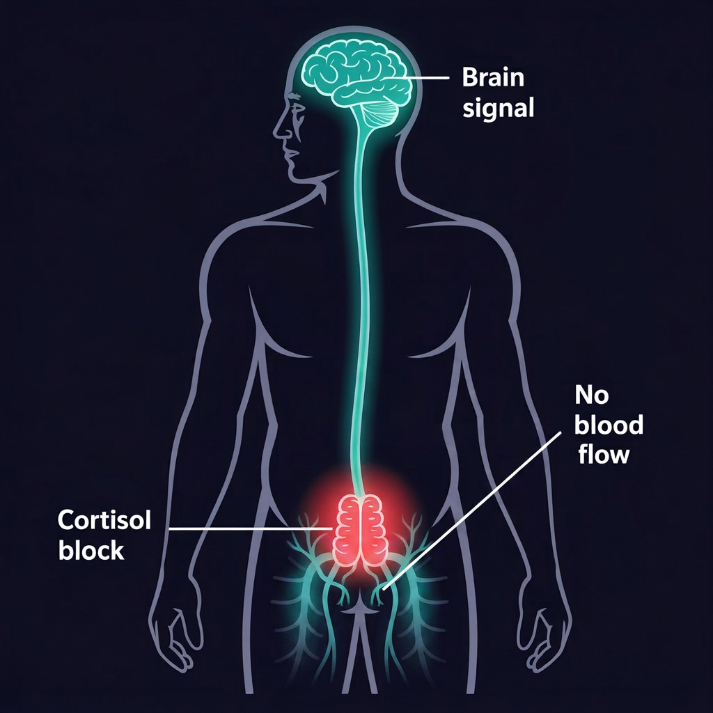 A diagram of the human nervous system showing a cortisol block preventing blood flow in the pelvis.