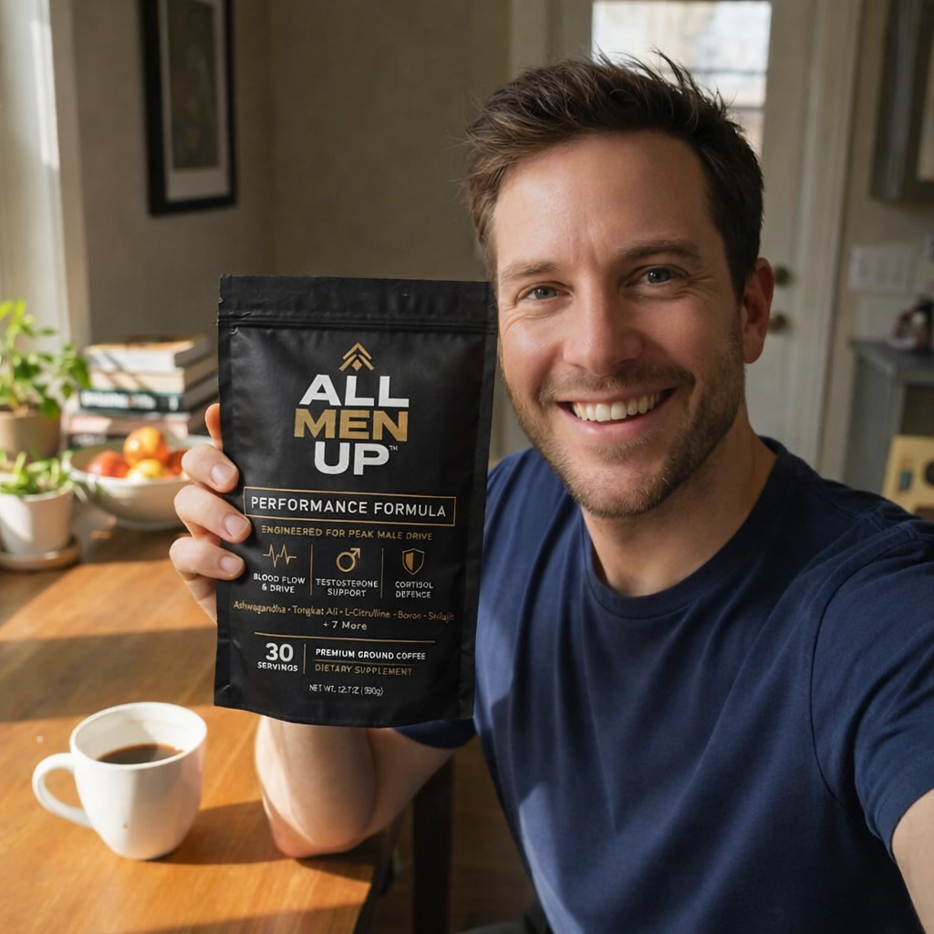 A smiling man holds a black pouch of All Men Up Performance Formula next to a cup of coffee.