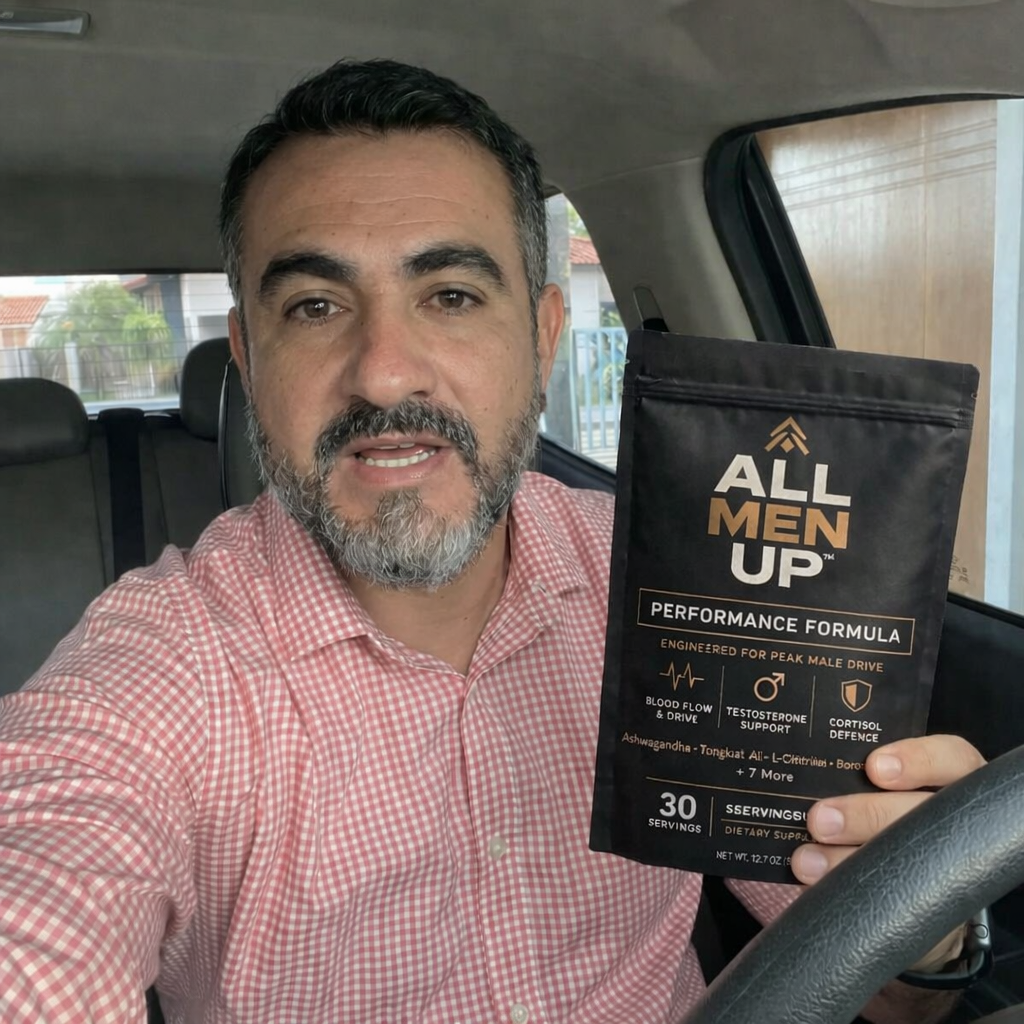 A man in a pink checkered shirt sits in a car holding a bag of All Men Up supplement.