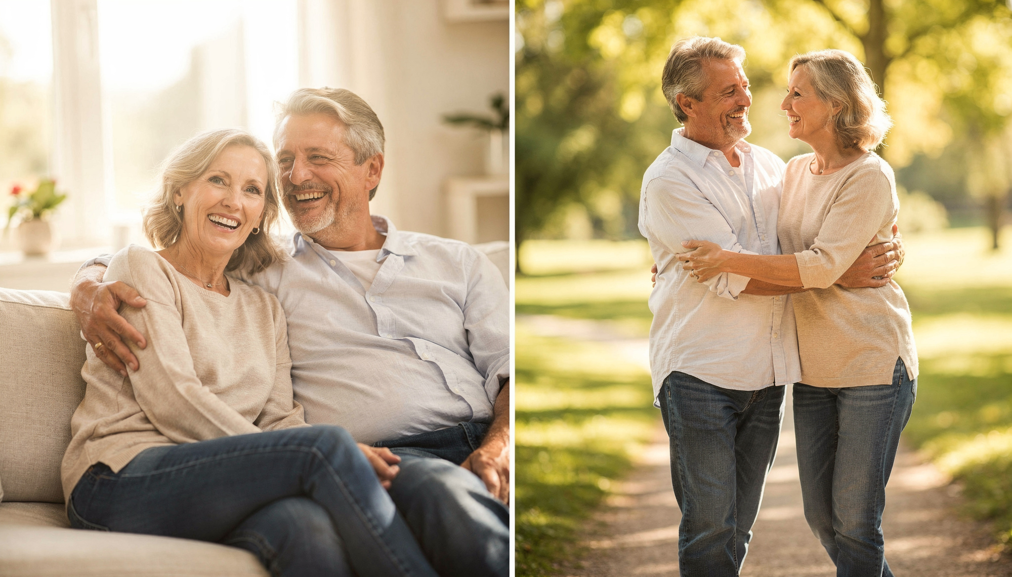 A split image showing a happy senior couple indoors on a couch and outdoors in a park.