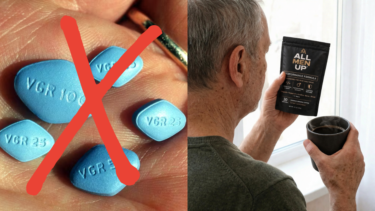 A split image showing blue pills crossed out and a man holding a performance coffee supplement.