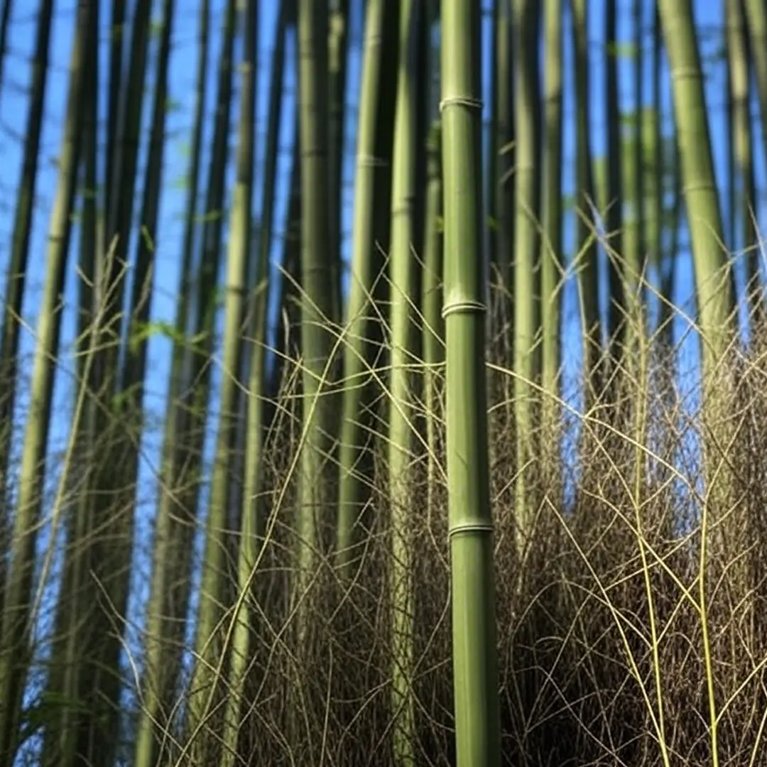 Tall green bamboo stalks surrounded by dry grass against a clear blue sky.