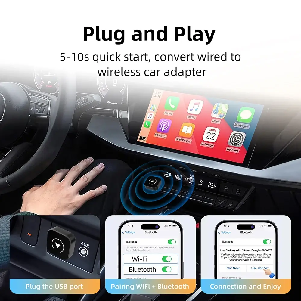 A promotional image for a wireless car adapter, showing its use with CarPlay and setup on a smartphone.