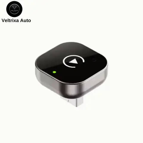 A small, square Veltrixa Auto USB device with a start button and a green indicator light.
