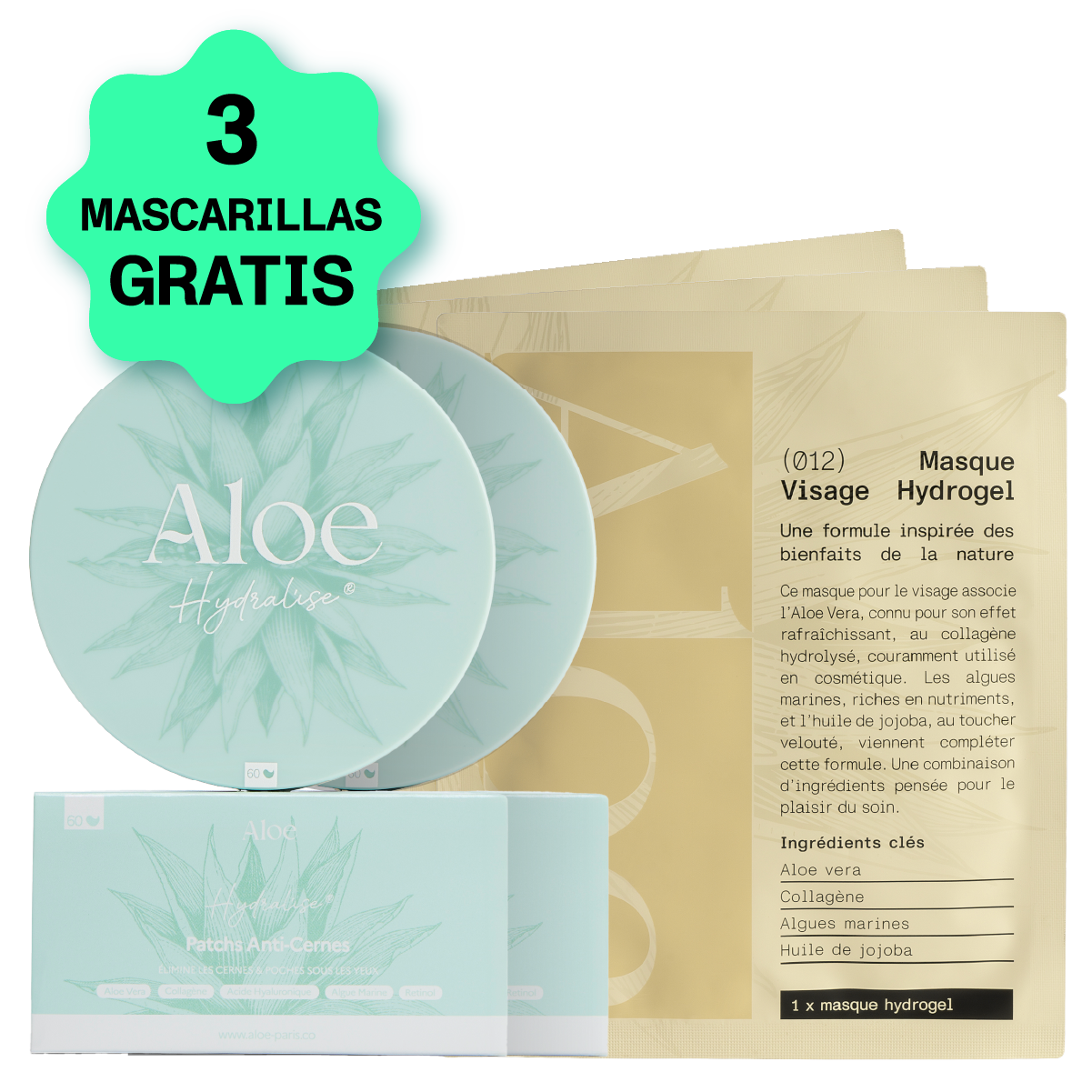 A promotional image showing Aloe Hydralise eye patches and three hydrogel face masks with a '3 free masks' sticker.