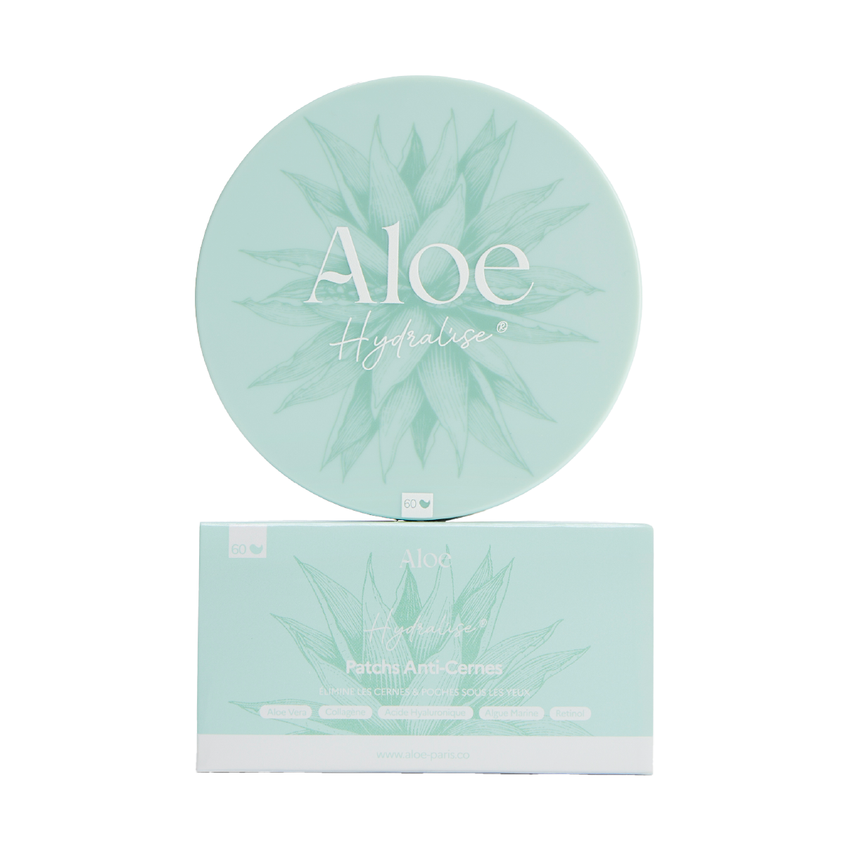 A light green circular container and rectangular box for Aloe Hydralise under-eye patches on a white background.