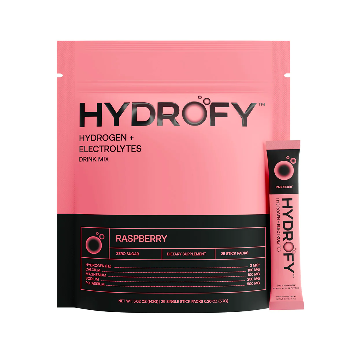 Pink packaging of HYDROFY hydrogen electrolyte drink mix, raspberry flavor.