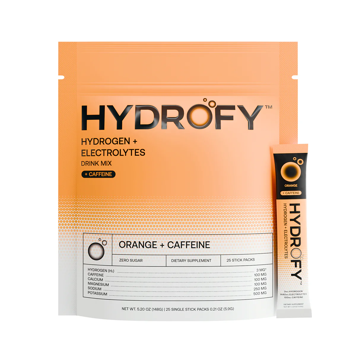Orange packaging of HYDROFY hydrogen and electrolytes drink mix with caffeine.