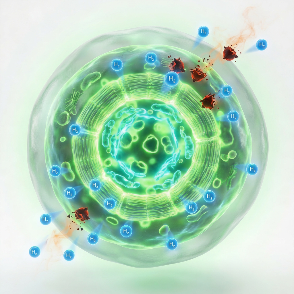An illustration of a glowing green cell with H₂ molecules entering and breaking down red particles.
