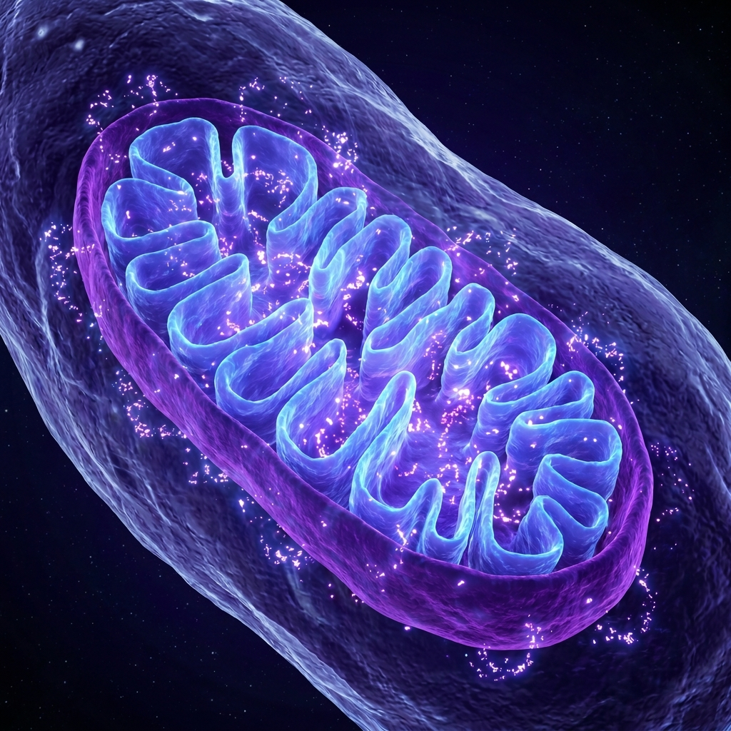 A 3D illustration of a mitochondrion cross-section, glowing with purple and blue light against a dark background.