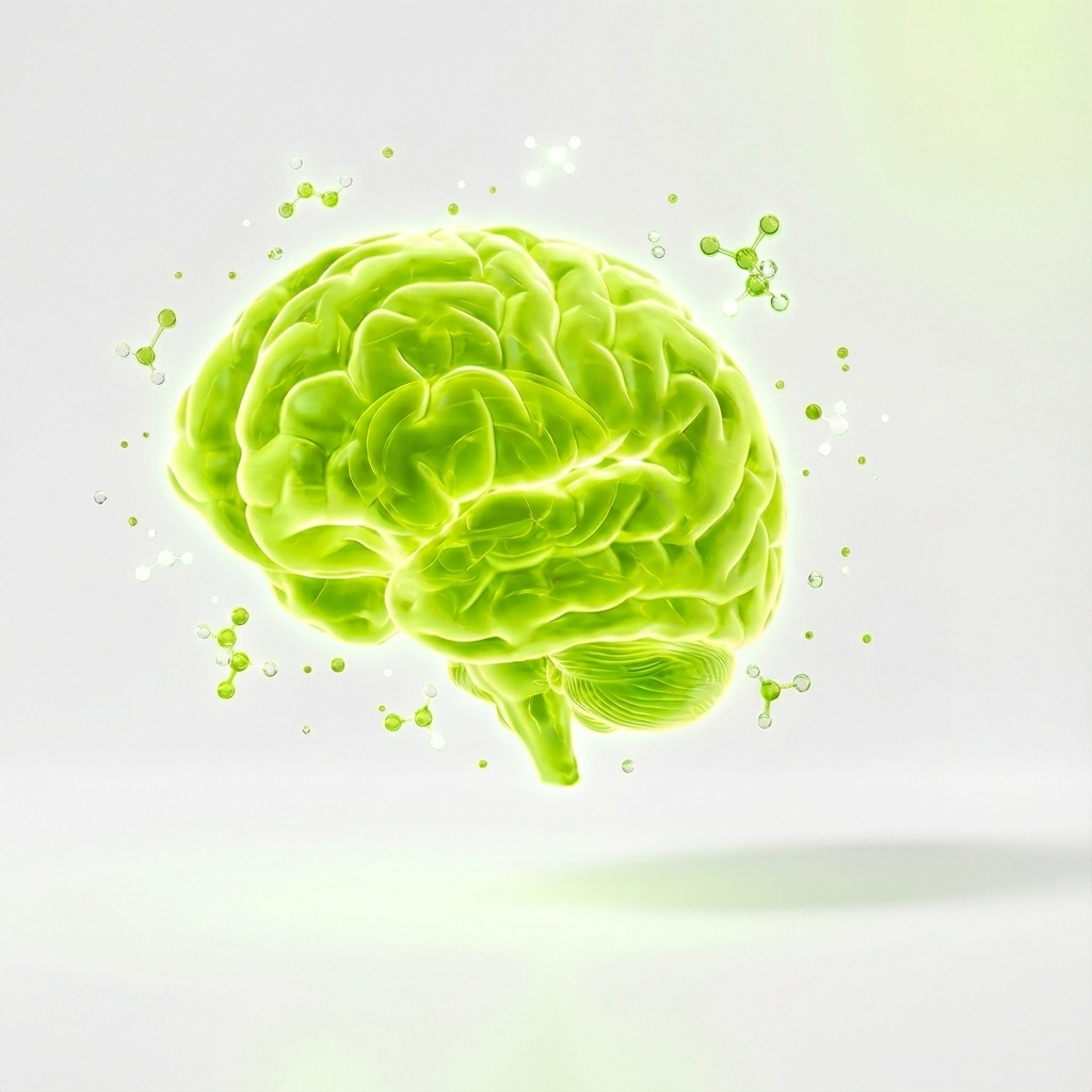 A glowing, green digital rendering of a human brain surrounded by molecules on a white background.