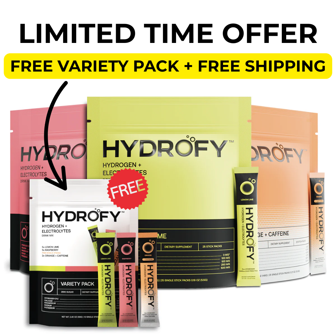 Hydrofy drink mix packages with a 'Free Variety Pack' offer.