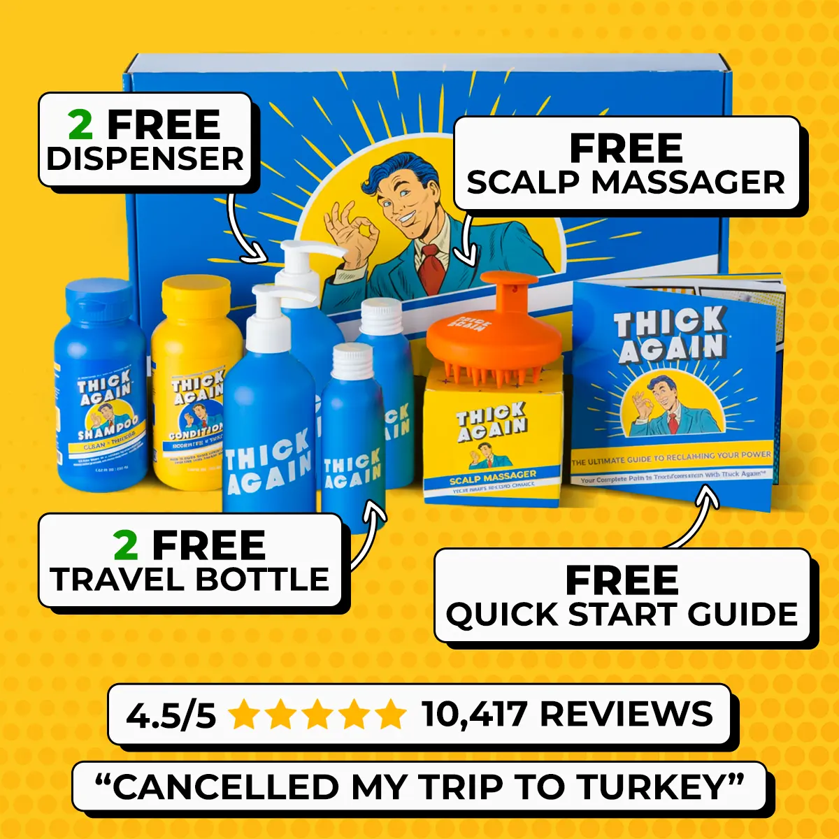 Hair care product set with scalp massager, bottles, and guide on a yellow background.