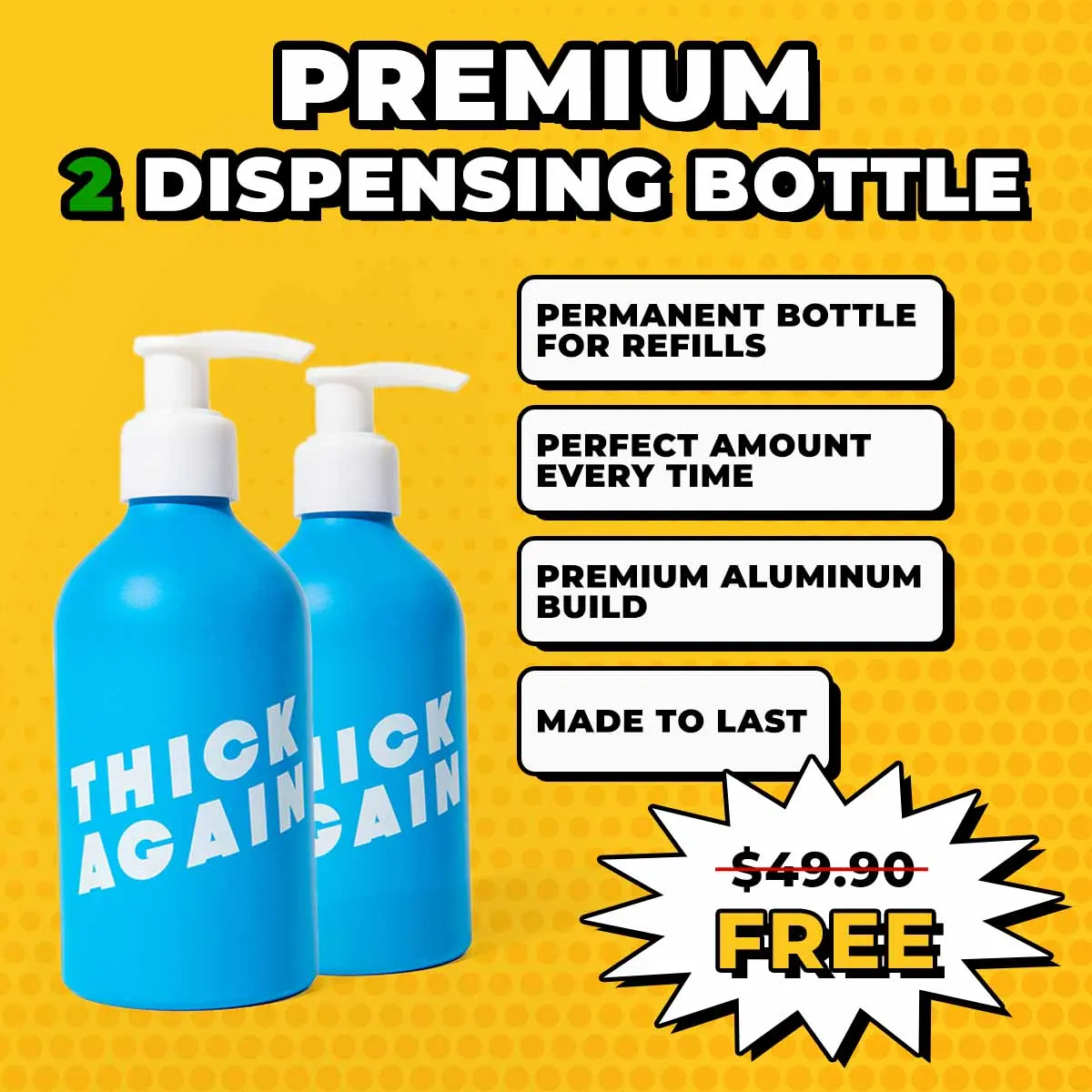 Two blue dispensing bottles with promotional text and price offer on yellow background.