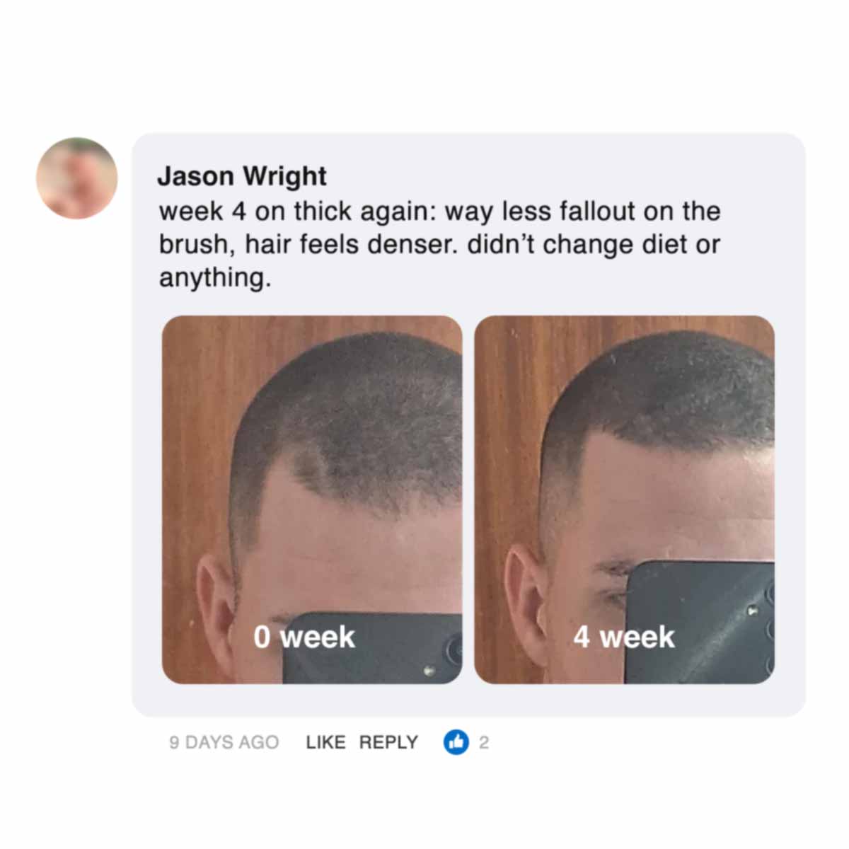 Side-by-side photo comparison of hair at 0 weeks and 4 weeks.
