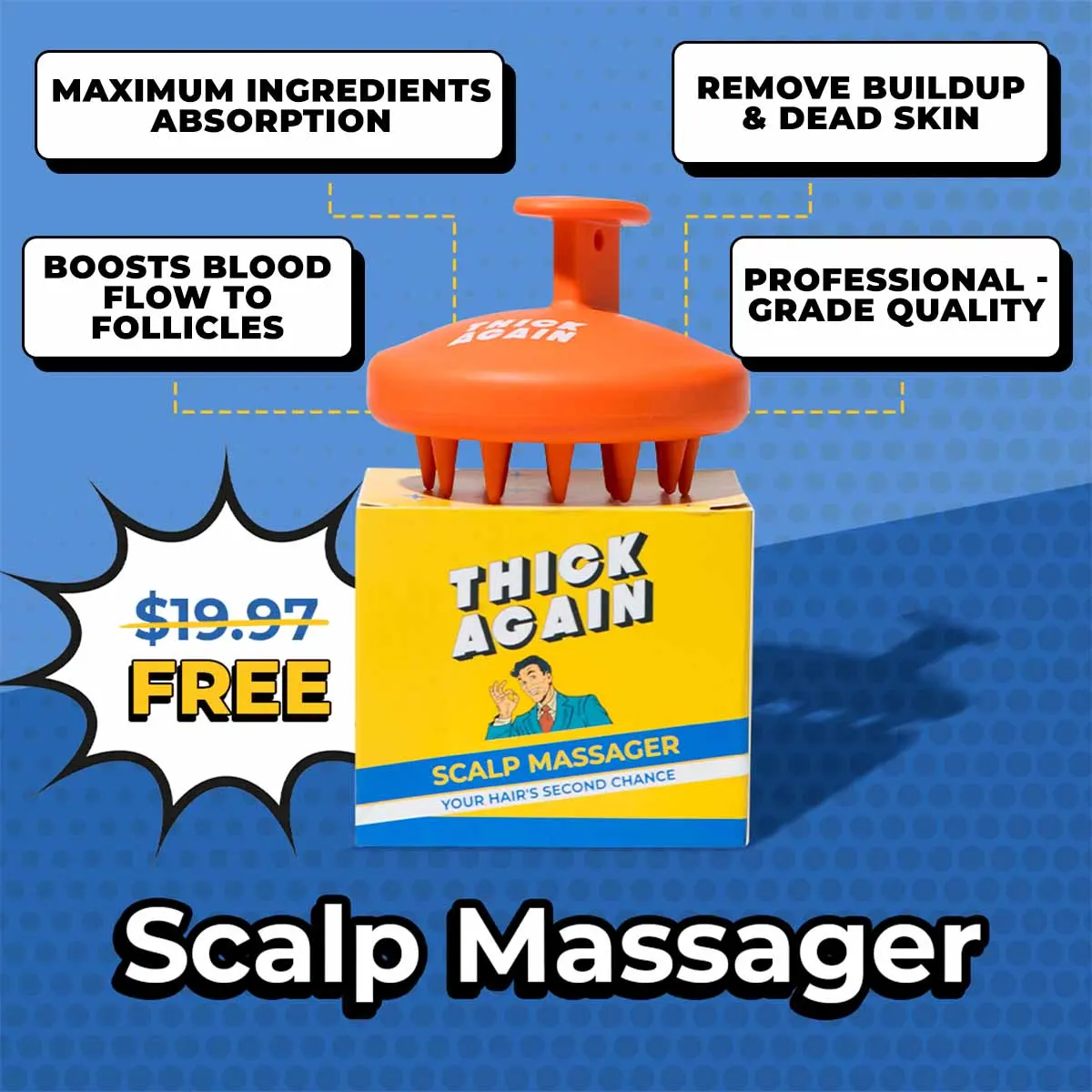Orange scalp massager atop a yellow box with promotional text and benefits.