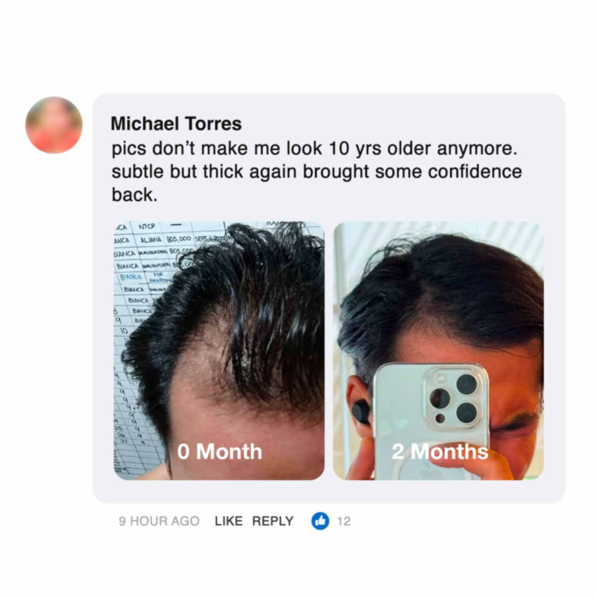 Before and after photos of hair growth over two months.