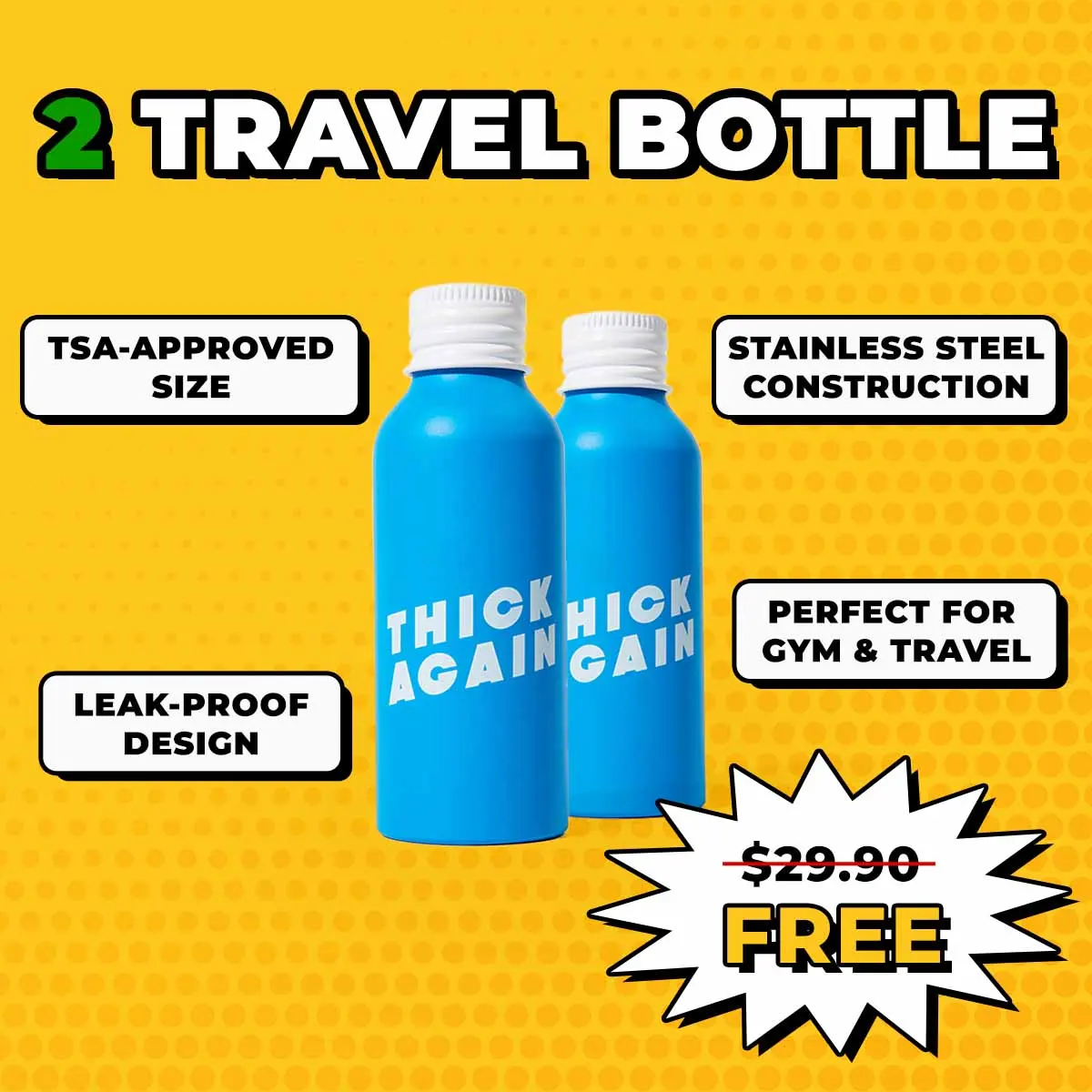 Two blue travel bottles with text, special offer displayed.