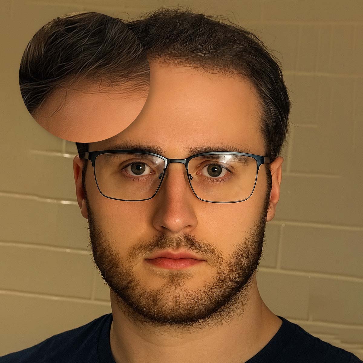Man wearing glasses with a beard, close-up inset of his hairline.