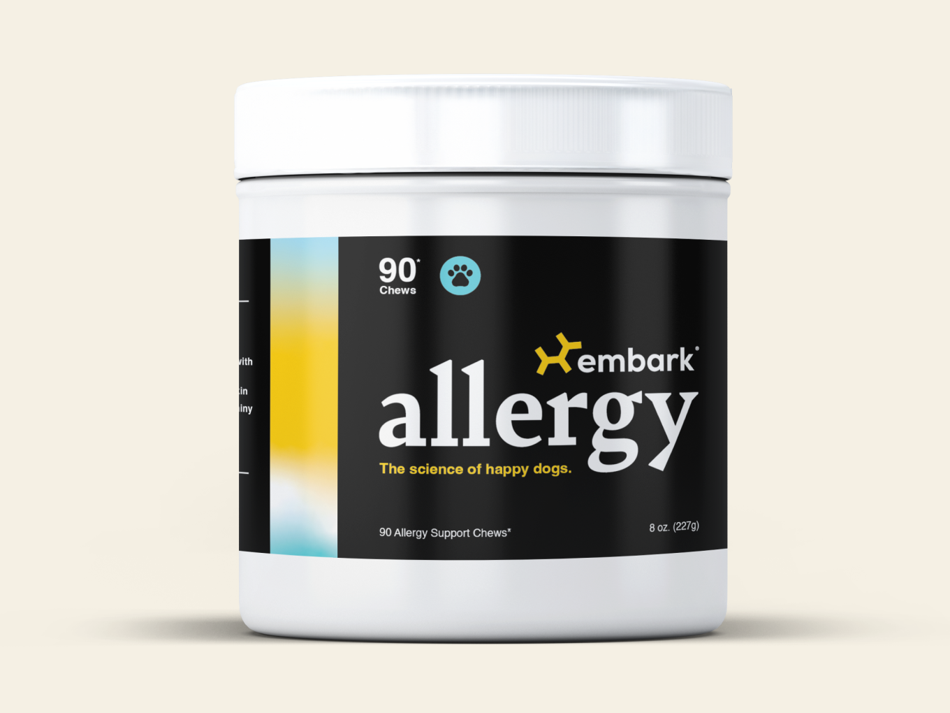 Dog allergy chews container, labeled 'embark allergy,' with 90 chews for allergy support.