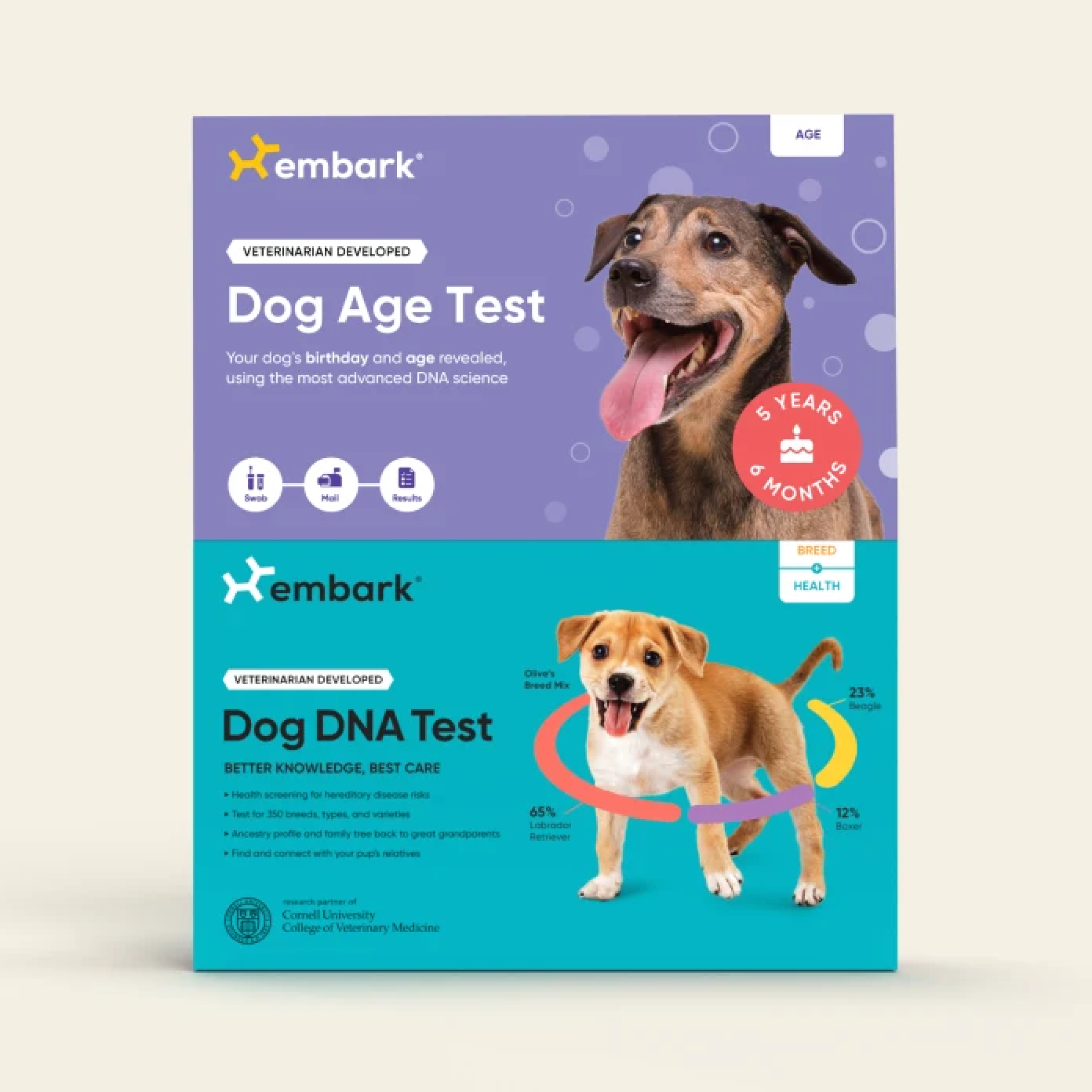 Embark dog age and DNA test kit packaging with happy dogs on display.