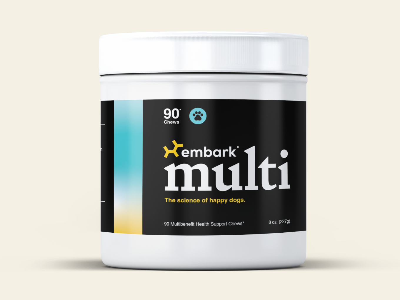 Dog supplement container labeled 'embark multi' with 90 chews.