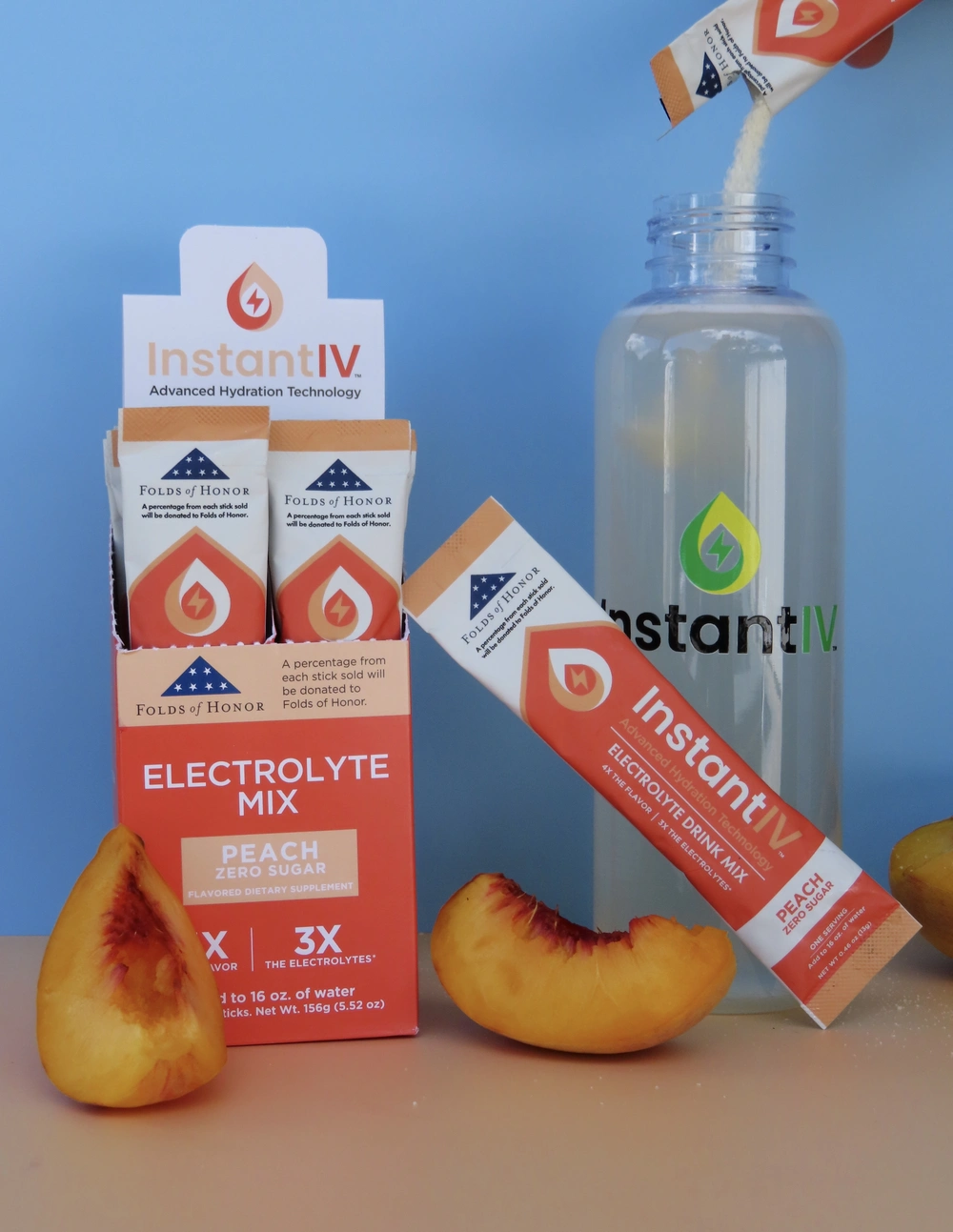 InstantIV peach electrolyte mix with peaches and a bottle.