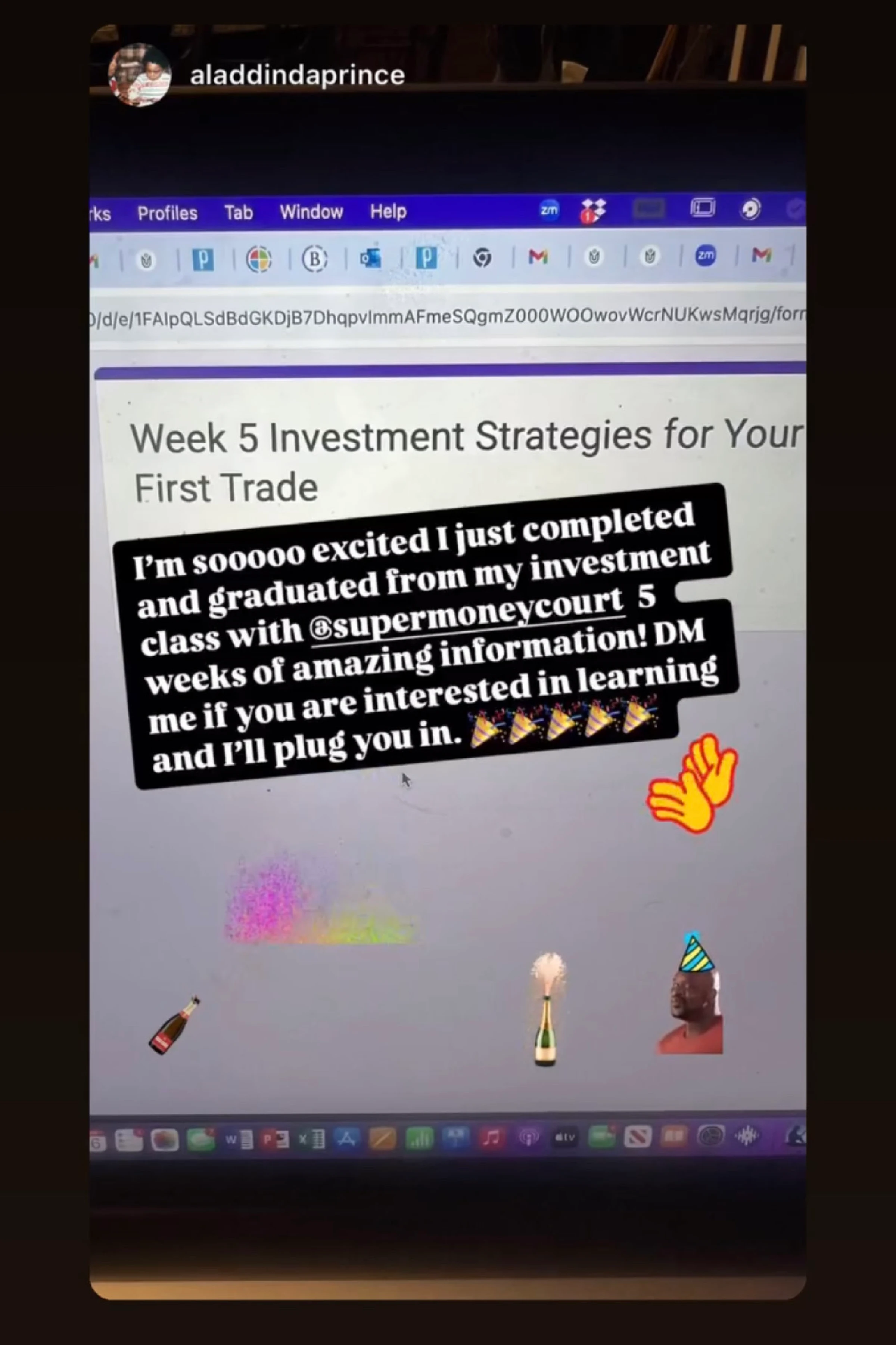 Screenshot of a computer screen with investment class completion message and celebratory emojis.
