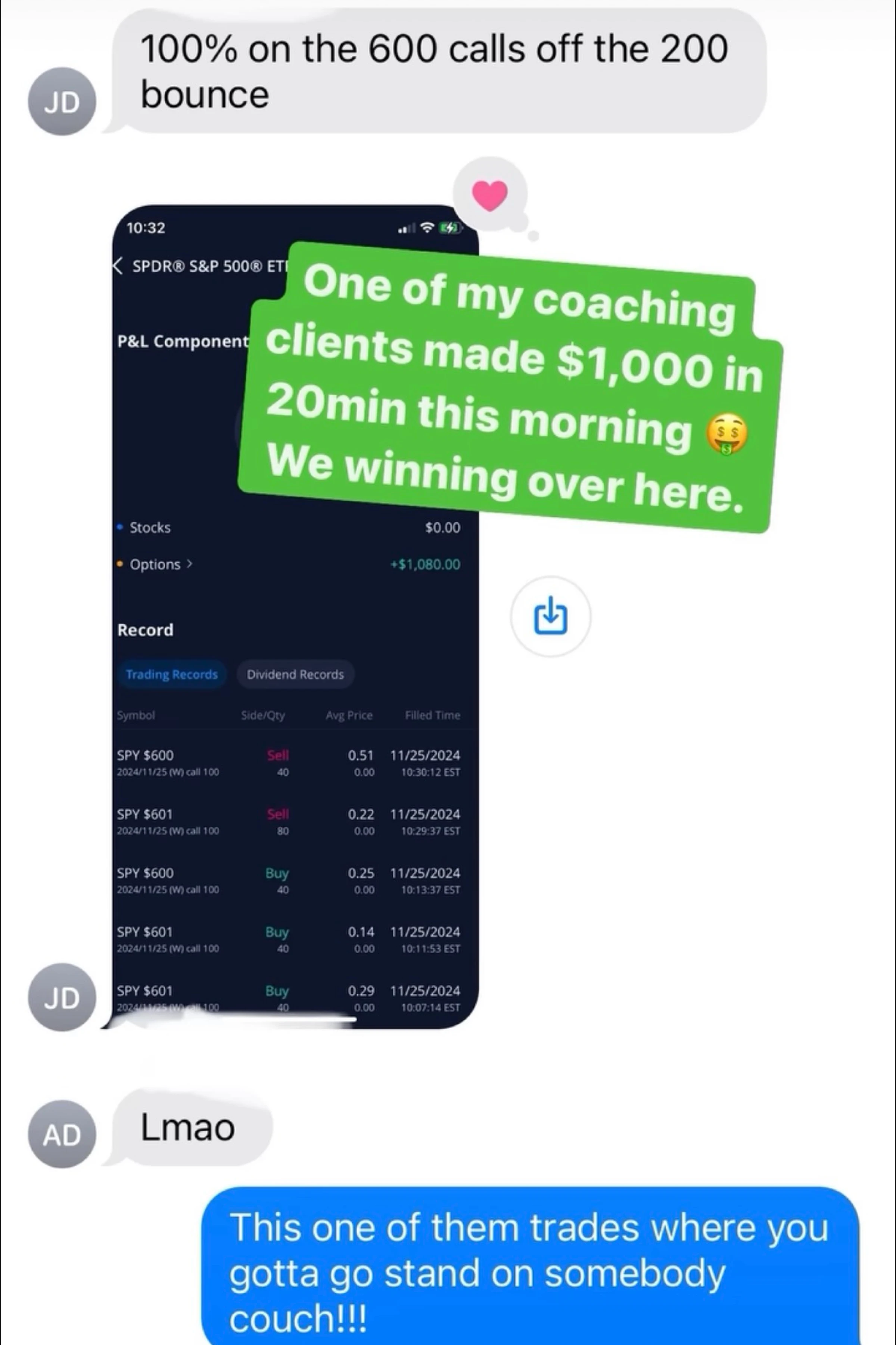 Screenshot of a text conversation about stock trading profits and client success.