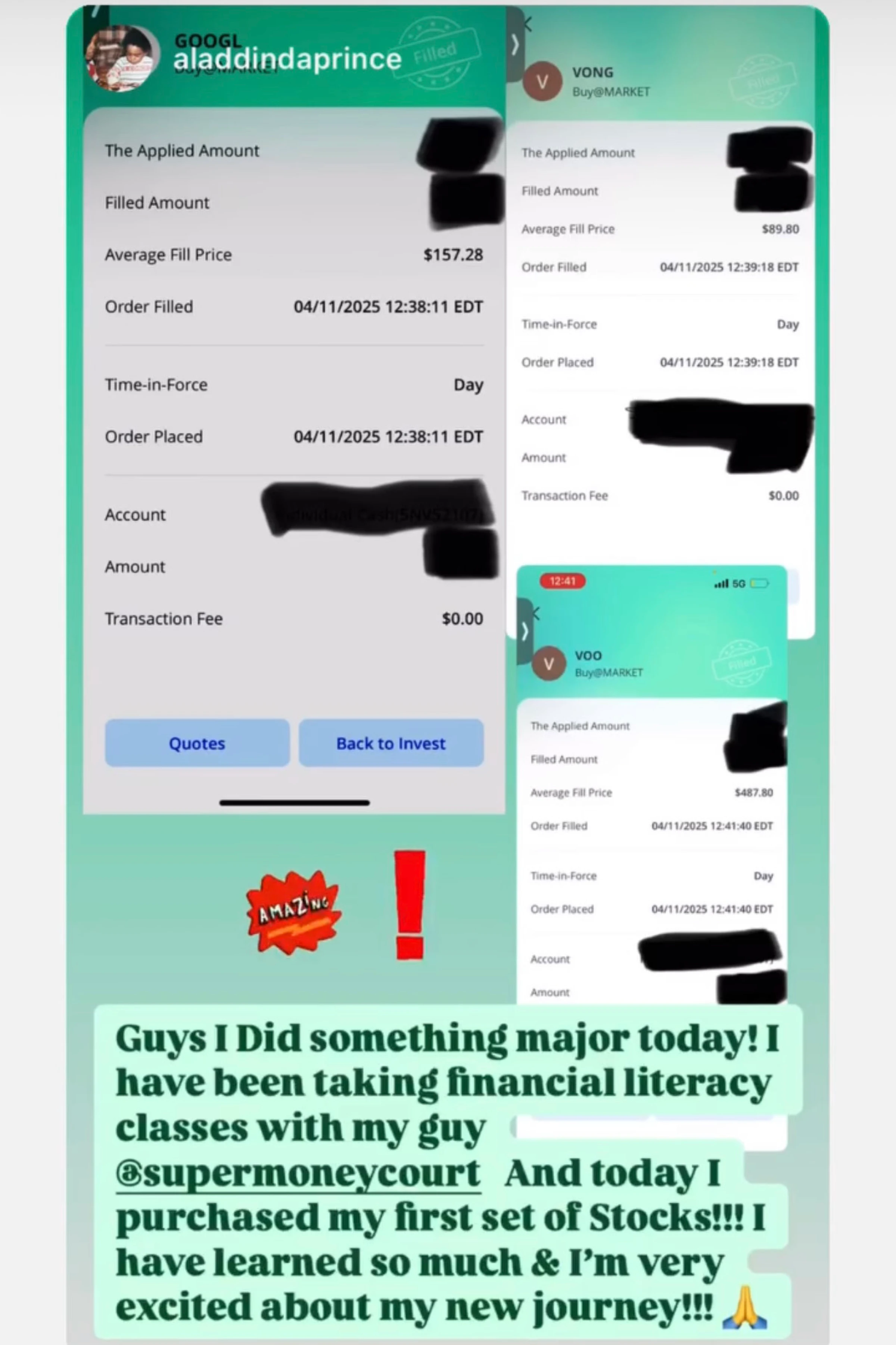 Screenshot of a stock purchase confirmation with text about financial literacy classes.