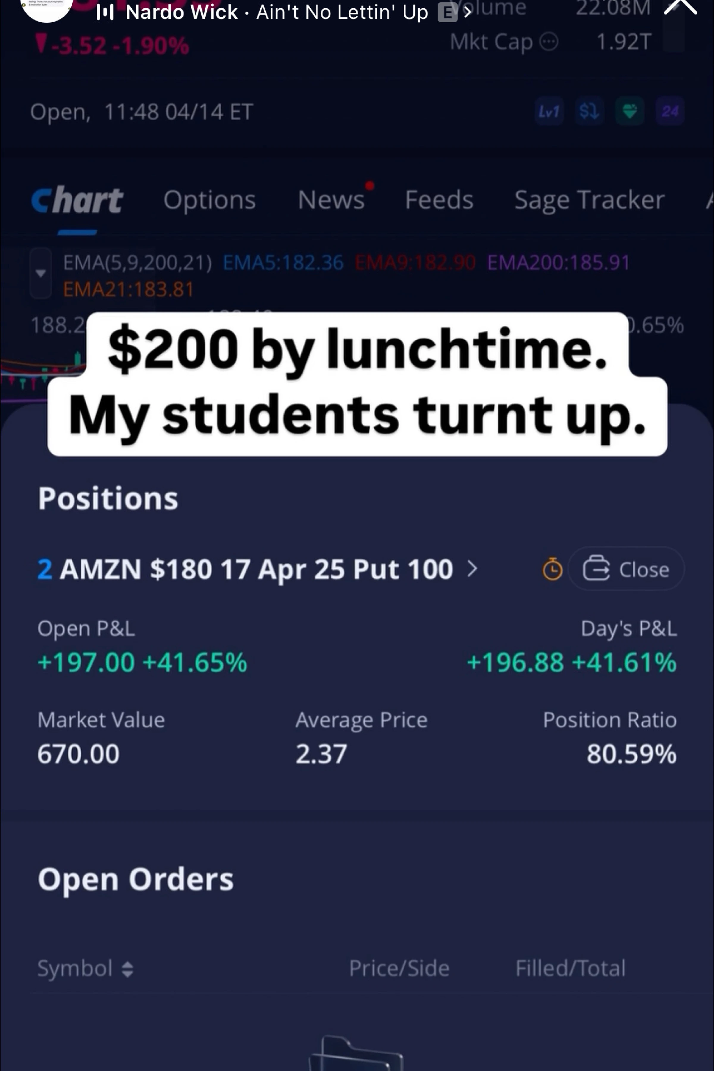 Stock trading app screenshot with profit details and motivational text overlay.