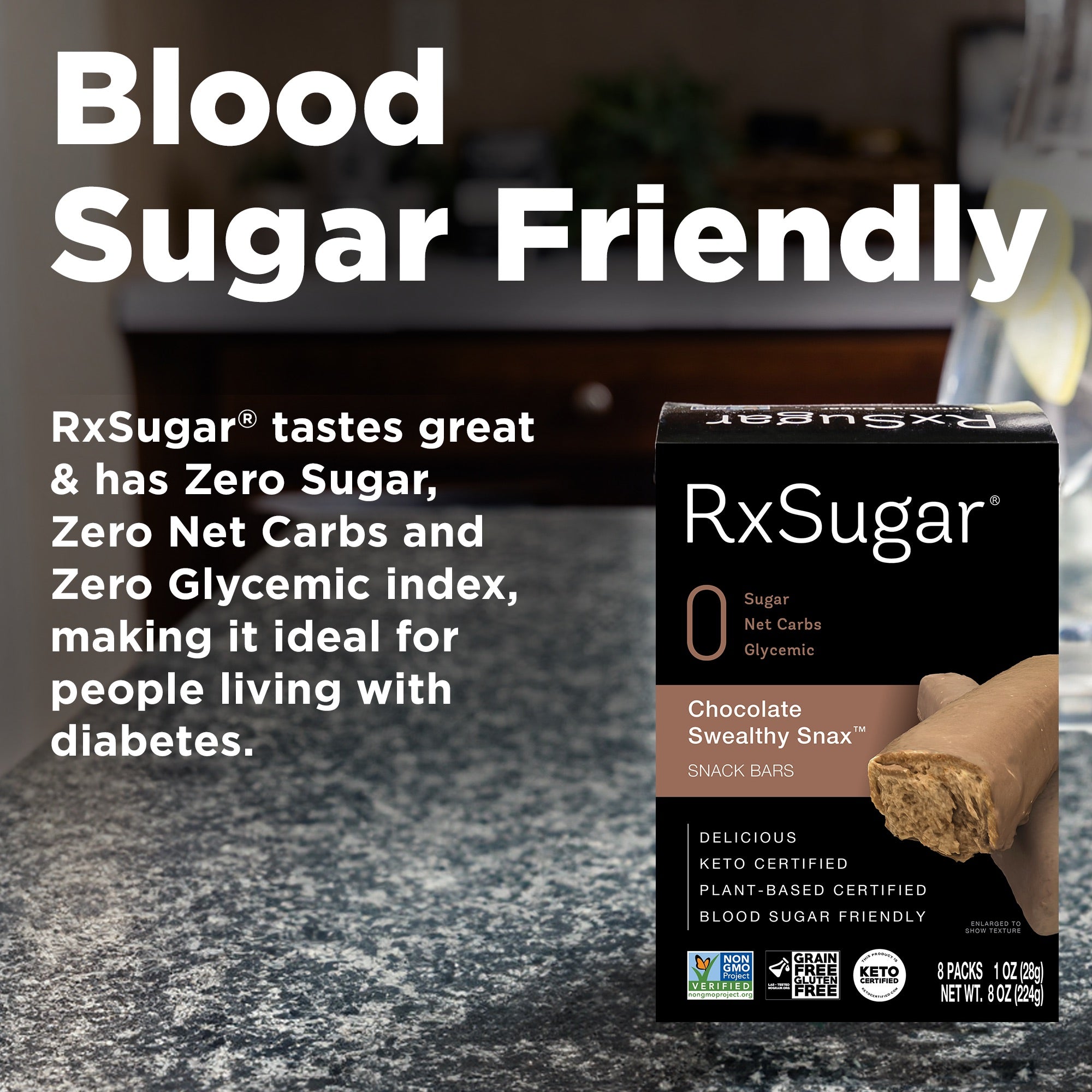 Box of RxSugar snack bars on a kitchen counter with text about being blood sugar friendly.